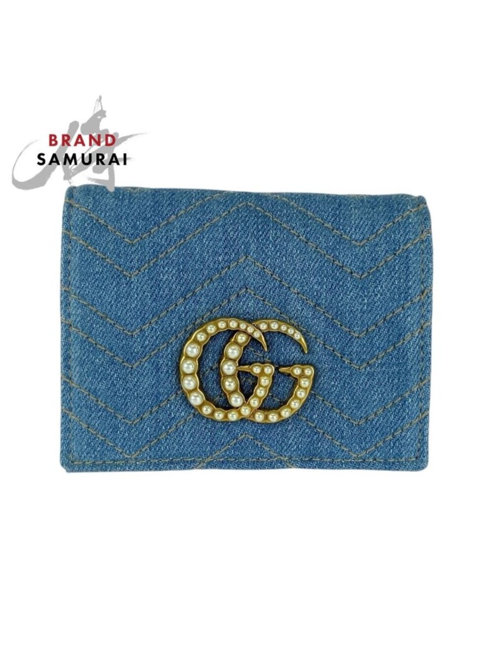 Gucci GG Marmont Faux Pearl Blue Gold Denim Folded Wallet Compact